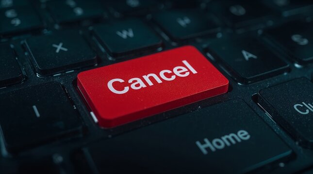 Red cancel button on a dark computer keyboard highlighting the concept of stopping, aborting, or deleting