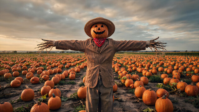 Scarecrow with pumpkin head standing in a large autumn pumpkin patch at sunset