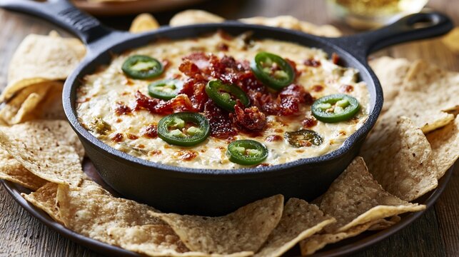 Bubbling cheesy jalapeno dip in cast iron skillet with crispy bacon and tortilla chips, ready for sharing