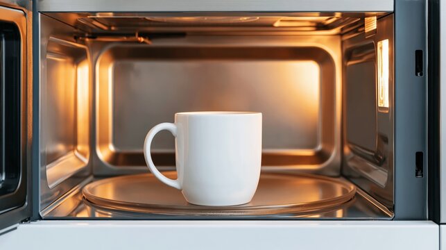White ceramic mug warming inside a modern microwave oven with illuminated stainless steel interior