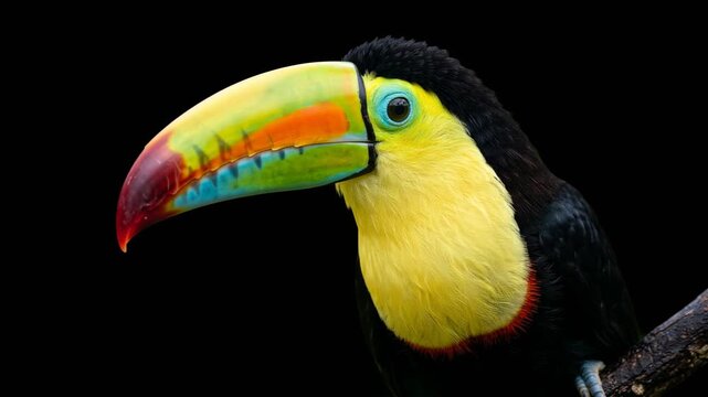 keel billed toucan close up isolated on black background studio portrait in costa rica video