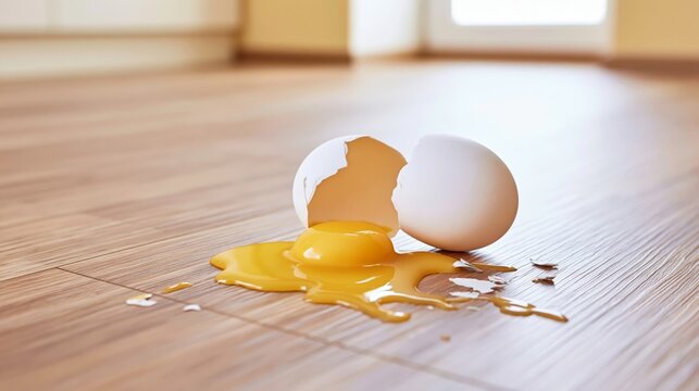 Cracked raw egg with golden yolk spilling on a wooden kitchen floor, representing an accident or unexpected problem