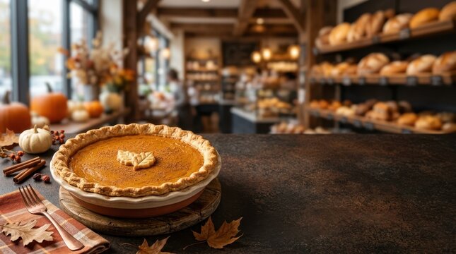 Freshly baked pumpkin pie on a rustic bakery counter. Thanksgiving dessert background. Cozy bakery interior with copy space