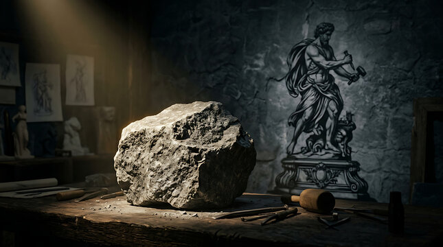 Raw stone block on wooden workbench in a sculptor workshop with statue relief
