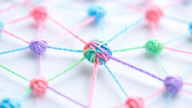 Pastel yarn web network with interconnected knots representing digital communication connectivity.