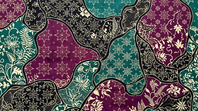 Traditional Indonesian batik patchwork pattern with floral and geometric motifs in purple and teal.