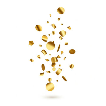 Golden confetti falling and scattering in a dynamic cascade against a clean white background, celebrating joy and festivity