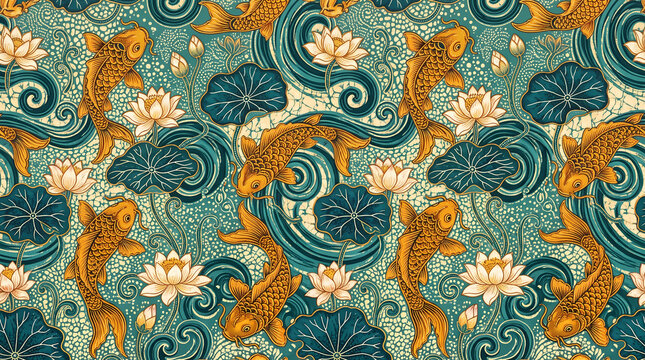 Seamless pattern with golden koi fish, lotus flowers, and swirling blue waves in traditional Japanese art style.