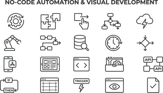 Minimalistic black outline vector icon set illustrating no code automation and visual software development workflows for modern digital business projects