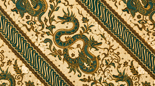 Traditional Indonesian batik pattern featuring dragon and parang motifs on fabric.