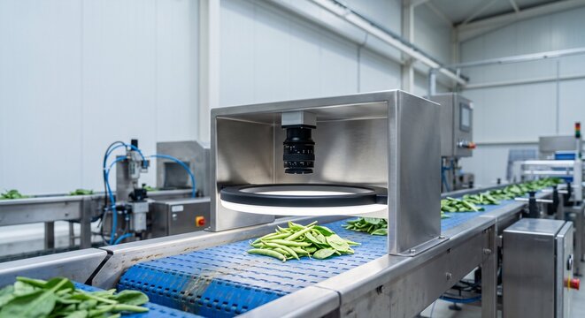 Industrial machine vision system with LED ring light inspecting fresh produce on conveyor belt in automated food processing