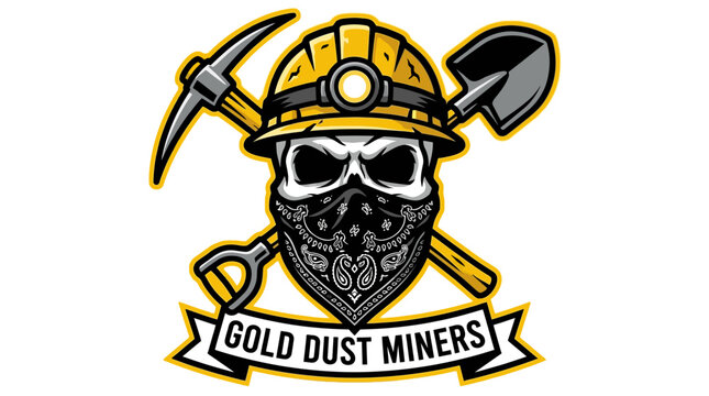 Gold Dust Miners Logo Design Featuring a Skull Miner with Crossed Pickaxe and Shovel