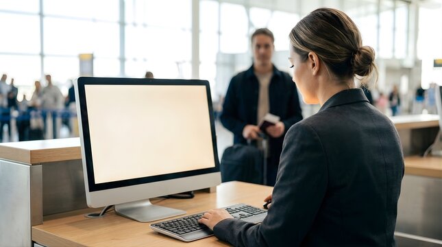 Airline agent at airport check-in desk working on a blank computer screen