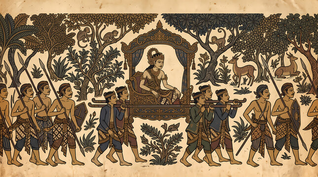 Traditional Balinese Kamasan style painting depicting a royal procession with a king on a palanquin accompanied by soldiers in a forest.