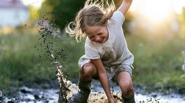 Happy girl jumping into a muddy puddle, muddy clothes, enjoying outdoor play and childhood adventure in nature
