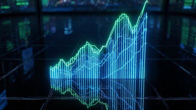 Blue neon stock market graph with upward trend and 2021 text, financial data visualization, futuristic trading chart