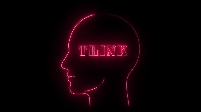 Neon brain silhouette with think text inside head