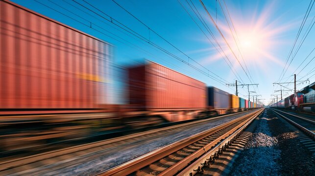 Freight train transporting cargo containers at high speed along railway tracks under a clear blue sky