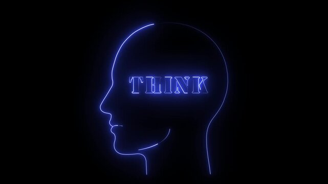 Neon blue human head silhouette with glowing think text