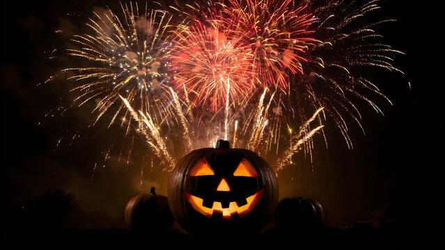 Glowing Jack-o-lantern pumpkin with colorful fireworks display in the night sky