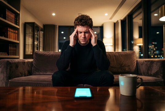 Young man experiencing a headache after prolonged smartphone use, representing excessive screen time and digital overload.