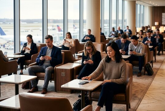 Travelers repeatedly checking smartphones in a premium airport lounge, representing habitual screen dependence and digital distraction.