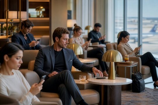 Travelers repeatedly checking smartphones in a premium airport lounge, representing habitual screen dependence and digital distraction.