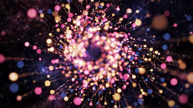 Abstract glowing particle vortex background, colorful bokeh light trails, dynamic motion for digital presentations and events