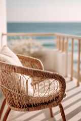 Obraz premium Cozy wicker armchair with cushion on hotel balcony overlooking blue ocean. Great for Mediterranean villa rental website, outdoor furniture brand catalog, or tropical wellness resort print brochure