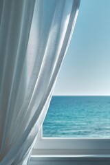 Obraz premium White linen curtain blowing in wind by window with beautiful sea view. Perfect for luxury boutique hotel website header, real estate property brochure or wellness spa salon banner