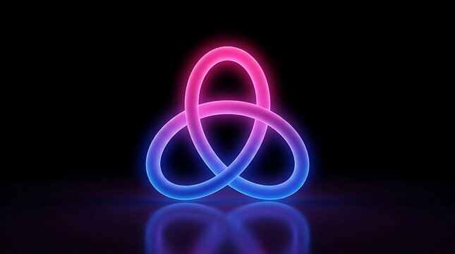 Glowing triquetra knot symbol with pink and blue neon gradient lighting on a reflective black surface