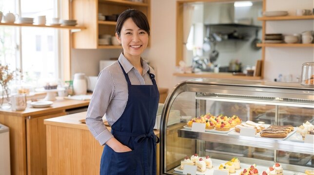 Smiling japanese woman wearing an apron standing in a bakery shop behind a glass display case filled with delicious pastries
