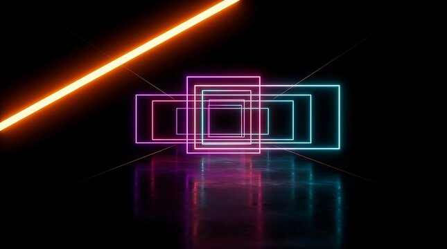 Neon glowing rectangular frames in pink and cyan, arranged in a tunnel perspective with a diagonal orange light streak on a dark reflective floor