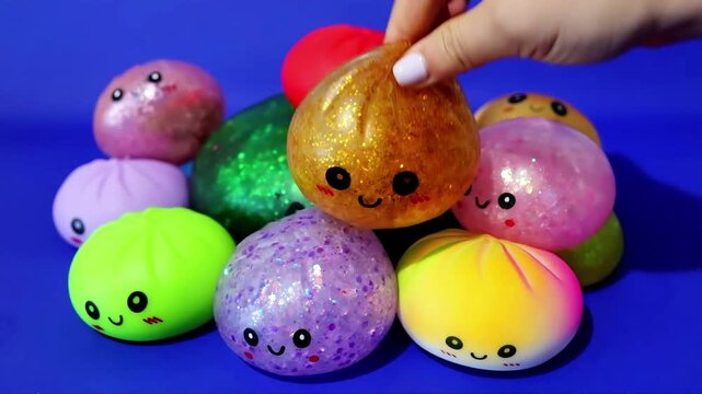 A hand squeezes a sparkly gold glittery dumpling toy against a vibrant blue background, with colorful squishy toys lined up nearby
