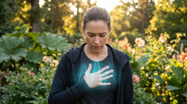 Woman experiencing chest pain or heart palpitations in a garden, concept of health issues, anxiety, or cardiovascular problems