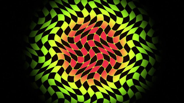 Abstract wavy checkered pattern background, with neon green, and red gradient, motion