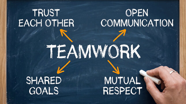 Hand-Drawn Teamwork Concept Chart on Chalkboard with Core Principles