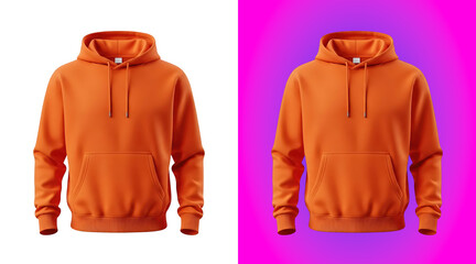 Bright orange hooded sweatshirt with a front kangaroo pocket and adjustable drawstring cords, isolated on a white background, for display © Dd