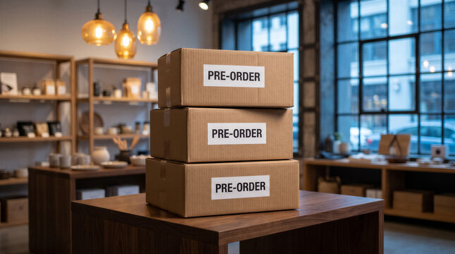Stack of three cardboard boxes with preorder labels on a wooden table in a retail store setting
