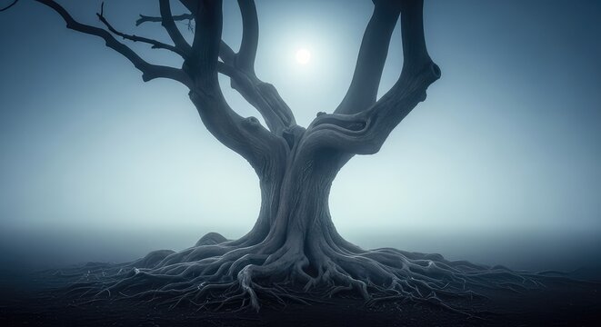 A twisted ancient tree stands under a pale moon in a foggy forest with glowing ethereal mist and gnarled roots reaching into the dark earth, eerie, ominous, creepy