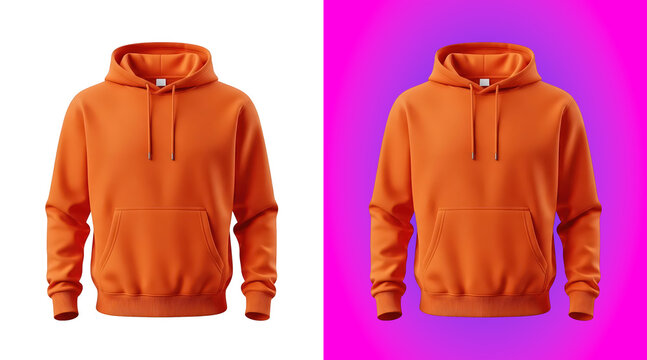 Bright orange hooded sweatshirt with a front kangaroo pocket and adjustable drawstring cords, isolated on a white background, for display