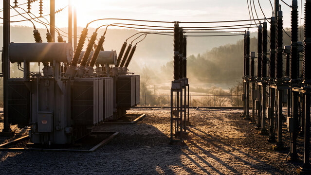 Electrical substation and power grid, high voltage transformer and transmission equipment at sunrise with misty valley for electricity distribution, energy infrastructure and power supply utility