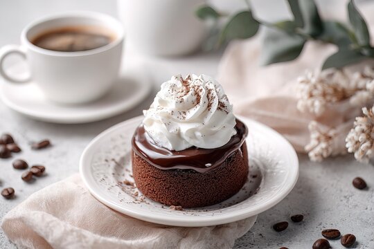 Gourmet chocolate fondant cake with whipped cream swirl and coffee cup on concrete background. Great for local coffee shop menu, pastry baking blog header or sweet restaurant menu flyer
