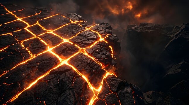 Molten lava flows through black volcanic rock cracks in a dark landscape