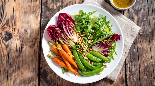 This vibrant salad features arugula, radicchio, and freshly roasted carrots, topped with pine nuts, showcasing a mix of colors and textures that delight in every bite.