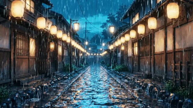 Traditional japanese street at night in heavy rain with glowing paper lanterns and wet cobblestone path