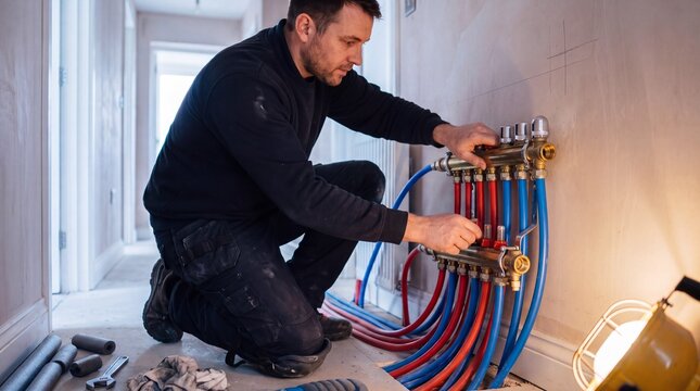 Heating engineer adjusting valves on underfloor heating manifold