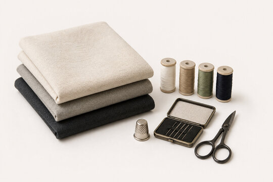 Fabric thread needles and a thimble are arranged for mending