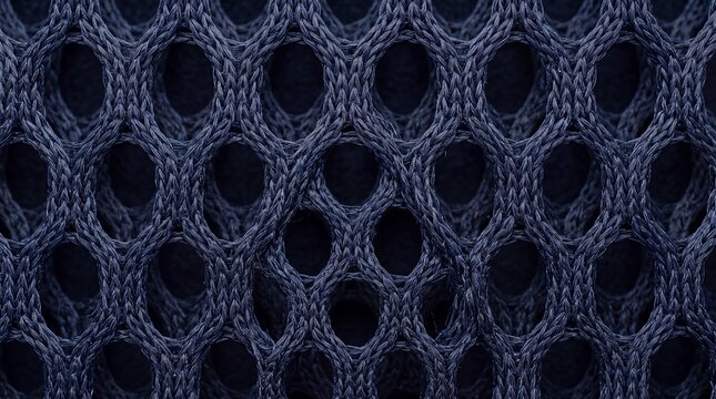 Dark blue open loop performance mesh fabric texture, macro shot of breathable athletic polyester material, close-up of synthetic honeycomb textile pattern for sportswear design