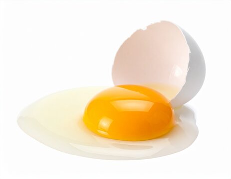 Cracked egg with yolk isolated on white background, broken shell with raw egg for cooking and baking use
